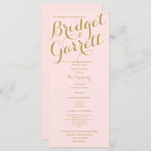 Roze en gouden bruiloft programma (Voorkant / Achterkant)