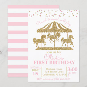 Roze en gouden carrousel meisjes verjaardagsuitnod kaart
