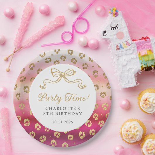 Roze en Gouden Cheetah Leopard Verjaardagsfeest Papieren Bordje (Feest)