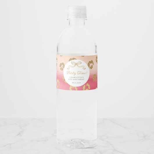 Roze en Gouden Cheetah Leopard Verjaardagsfeest Waterfles Etiket (Voorkant)