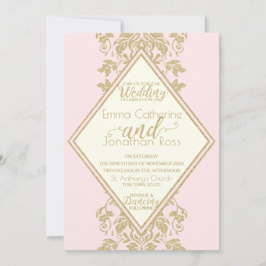 Roze en Gouden Damaskbruiloft Kaart (Voorkant)