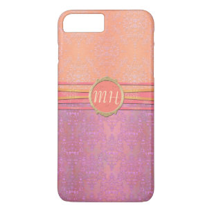 Roze en Gouden Damast Aangepast Monogram Patroon iPhone 8 Plus / 7 Plus Hoesje