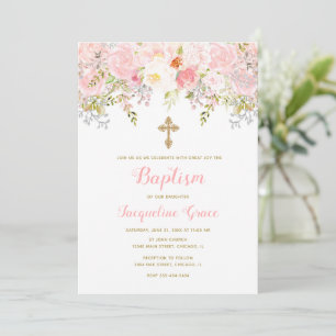 Roze en gouden Floral Baptisme Invitation Girl Kaart