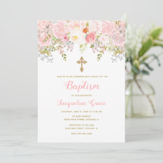 Roze en gouden Floral Baptisme Invitation Girl Kaart