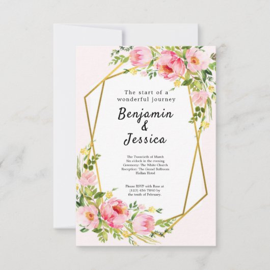 Roze en gouden Floral Geometric Wedding Invitation Kaart (Voorkant)