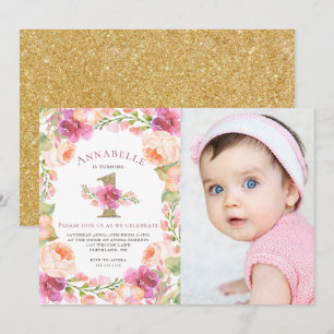 Roze en gouden Florale meisjes Foto van 1 septembe Kaart