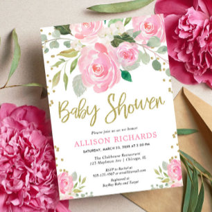 Roze en gouden florale rozen meisje baby shower kaart