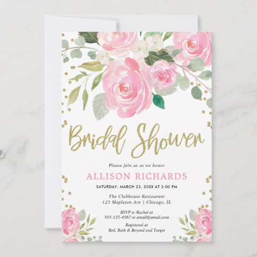 Roze en gouden florale rozen vrijgezellenfeest kaart (Voorkant)