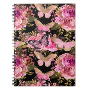 Roze en Gouden Folie Bloemen Vlinderpatroon Notitieboek