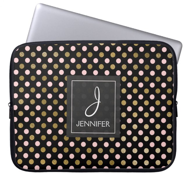 Roze en Gouden Folie Polka Dot Patroon Monogram Laptop Sleeve (Voorkant)