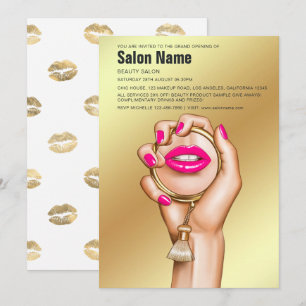 Roze en gouden glamour salon grand opening kaart