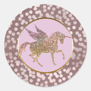 Roze en gouden glinsterende vliegende eenhoorn fav ronde sticker