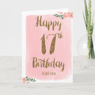 Roze en Gouden Glitter 17e verjaardag Kaart
