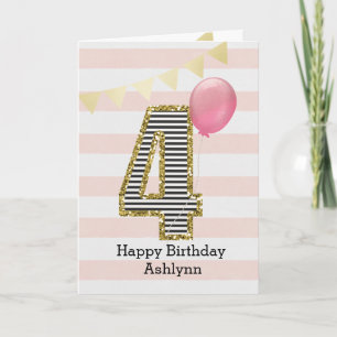 Roze en Gouden Glitter 4e Verjaardag Kaart