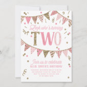 Roze en Gouden Glitter Banner Tweede Verjaardagsfe Kaart (Voorkant)