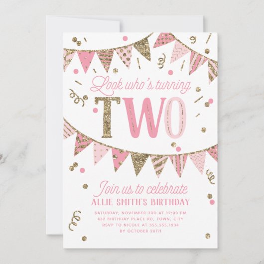 Roze en Gouden Glitter Banner Tweede Verjaardagsfe Kaart (Voorkant)