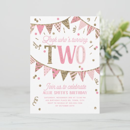 Roze en Gouden Glitter Banner Tweede Verjaardagsfe Kaart (Staand voorkant)