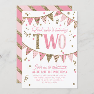 Roze en Gouden Glitter Banner Tweede Verjaardagsfe Kaart