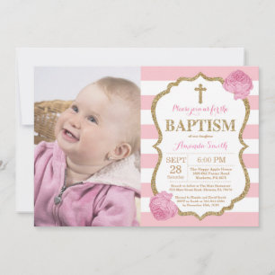 Roze en gouden glitter doop uitnodiging