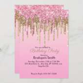 Roze en Gouden Glitter Druppels Verjaardag Uitnodi Kaart (Voorkant / Achterkant)