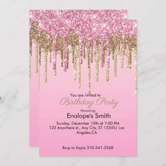 Roze en Gouden Glitter Druppels Verjaardag Uitnodi Kaart (Voorkant / Achterkant)