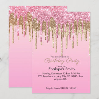 Roze en Gouden Glitter Druppels Verjaardag Uitnodi Kaart