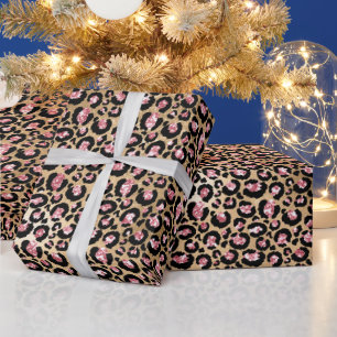 Roze en Gouden Glitter Glam Leopard Spots Patroon Cadeaupapier