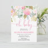 Roze en gouden groen bloemenmeisje baby shower kaart (Staand voorkant)