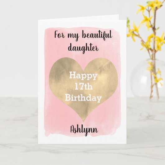 Roze en Gouden Hart 17e Verjaardag Dochter Kaart (Gele Bloem)