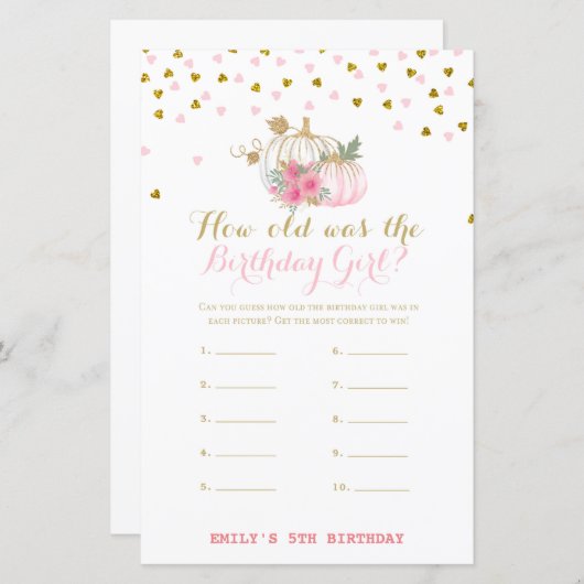 Roze en gouden Herfst Birthday Game, pompoen (Voorkant / Achterkant)