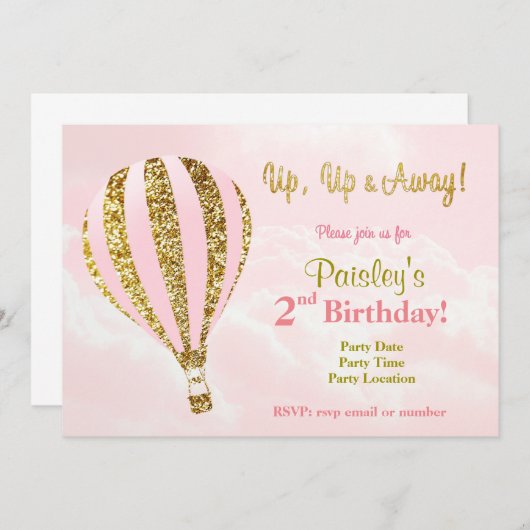 Roze en gouden heteluchtballon uitnodiging voor ve (Voorkant / Achterkant)