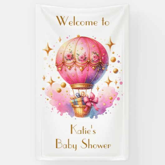 roze en gouden heteluchtballonnen Baby shower Spandoek (Verticaal)