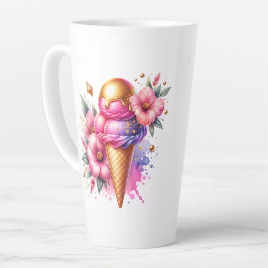 Roze en Gouden Ice Cream Cone Gepersonaliseerd Latte Mok (Linkerhoek)