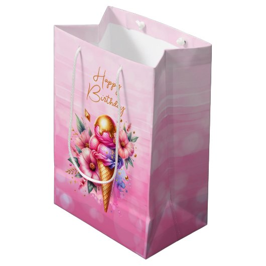 Roze en gouden ijs Gouden Verjaardag Medium Cadeauzakje (Voorkant Gekanteld)