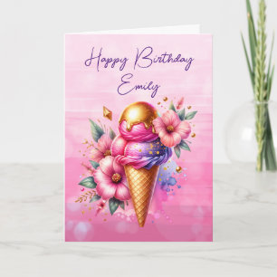  roze en gouden ijsco Verjaardag Kaart