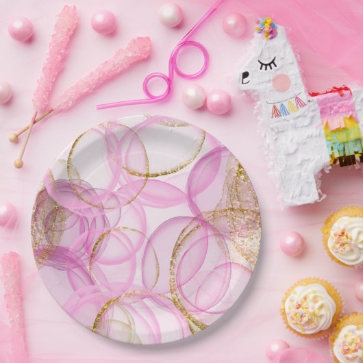 Roze en gouden inkt cirkel patroon papieren bordje (Feest)