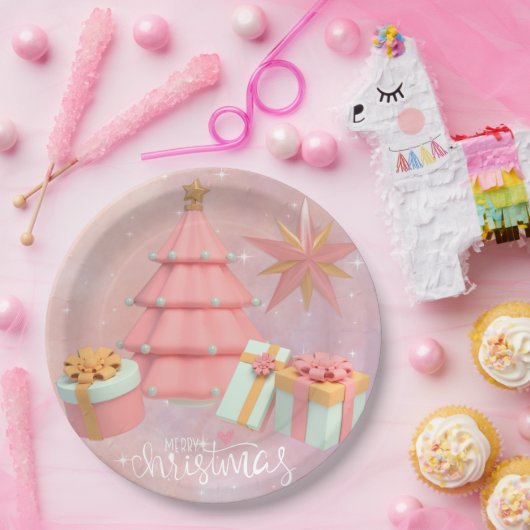 Roze en gouden kerstboom en sterren papieren bordje (Feest)