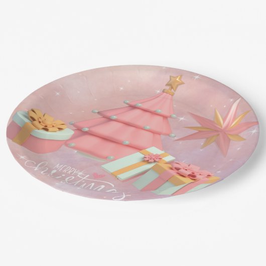 Roze en gouden kerstboom en sterren papieren bordje (Gekanteld)