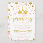 Roze en Gouden Kleine Prinses Uitnodiging (Voorkant / Achterkant)