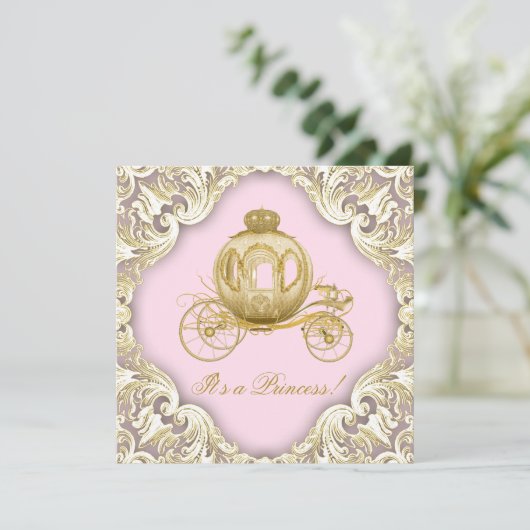 Roze en gouden koets Royal Princess Baby shower Kaart (Staand voorkant)