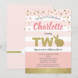 Roze en gouden konijntje meisje 2de verjaardagsuit kaart