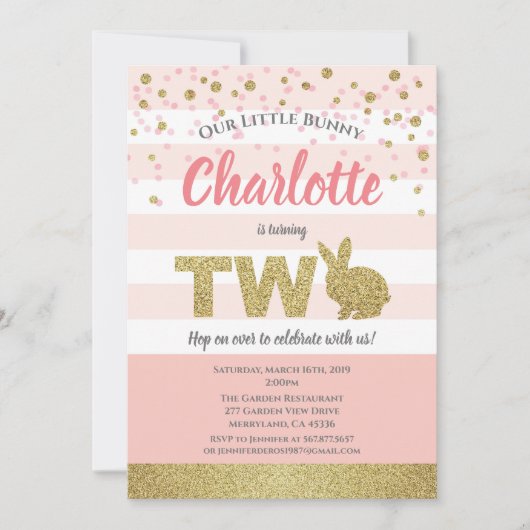 Roze en gouden konijntje meisje 2e verjaardagsuitn kaart (Voorkant)