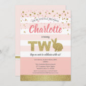 Roze en gouden konijntje meisje 2e verjaardagsuitn kaart (Voorkant / Achterkant)
