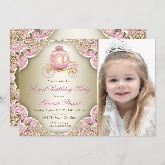 Roze en Gouden Koninklijke Prinses Foto Verjaardag Kaart (Voorkant / Achterkant)