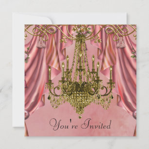 Roze en gouden kroonluchter feestelijke uitnodigin kaart