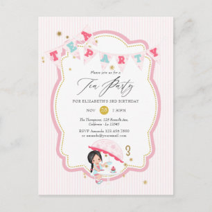 Roze en Gouden Meisje 3e Verjaardag Theepartij Briefkaart