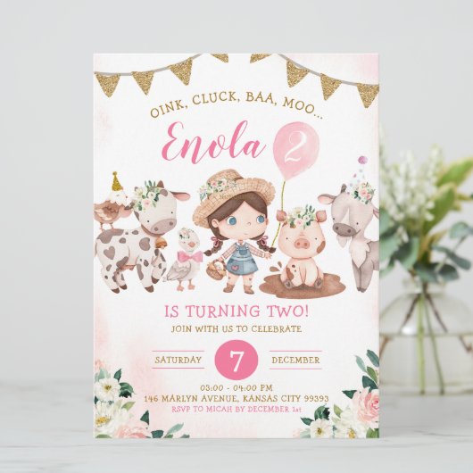Roze en Gouden Meisje Boerderij Verjaardagsuitnodi Kaart (Staand voorkant)