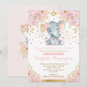  roze en gouden olifant Baby shower Kaart