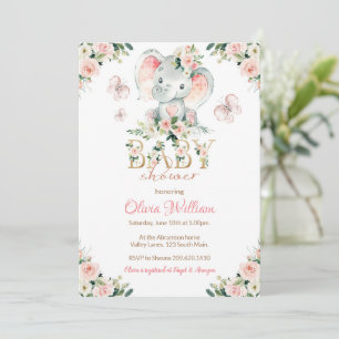 Roze en Gouden Olifant Baby Shower Uitnodiging