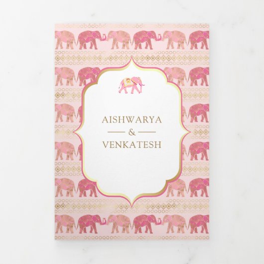 Roze en gouden olifant Indian Palace Fotobruiloft Drieluik Uitnodiging (Cover)